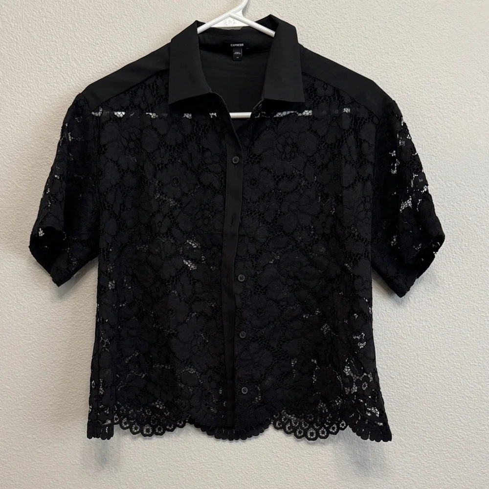 Express Black Lace Button-Up Blouse - Picture 1 of 4